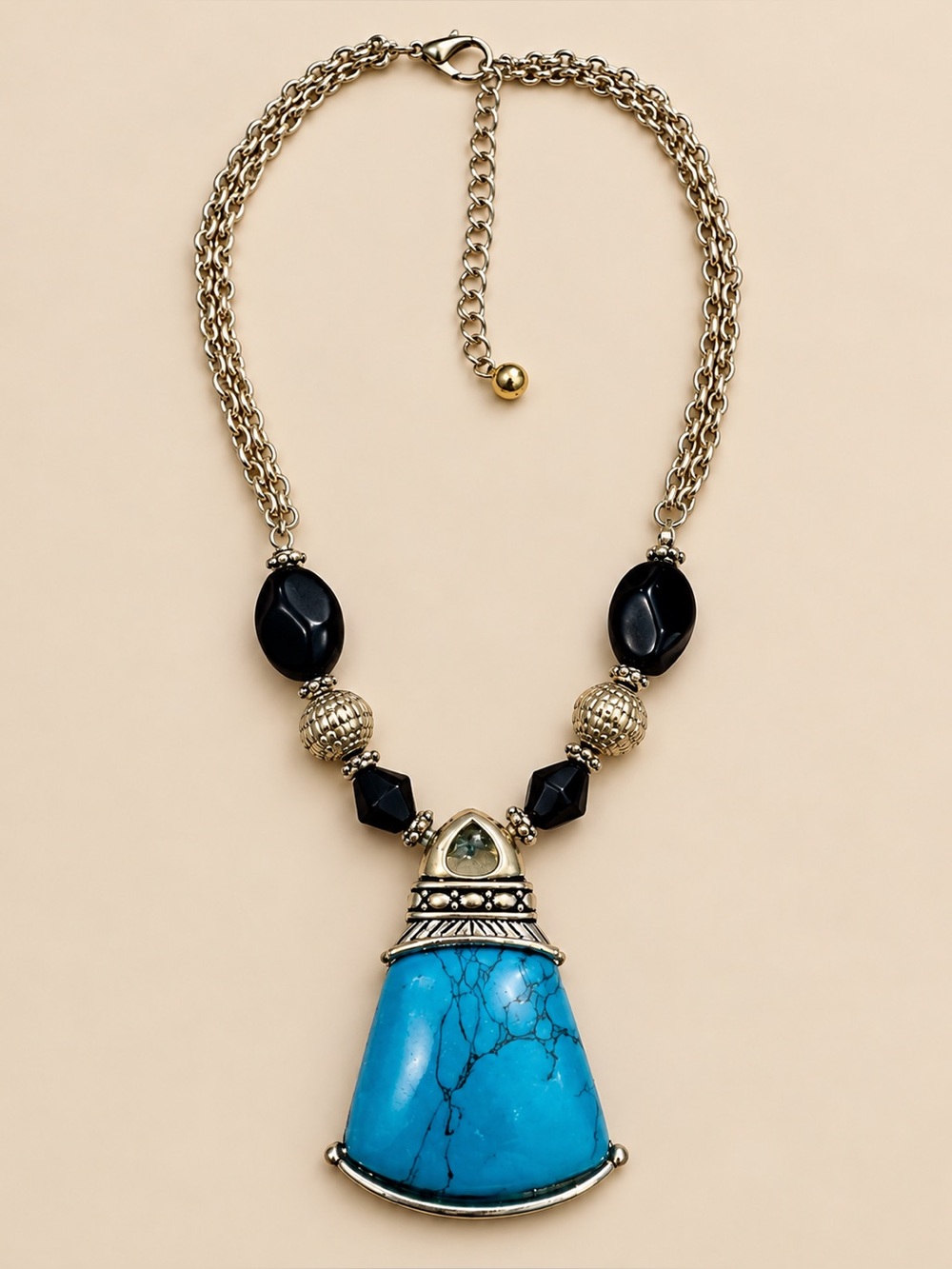 Kenneth Cole Turquoise Pendant Necklace Black Bead Silver Tone Boho Southwestern